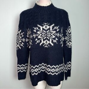 Talbots Fair Isle Snowflake Mock Neck Navy and White Sweater Winter Knit Medium